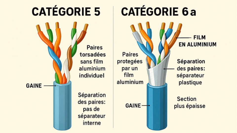 Quelle différence entre RJ45 Cat 5 et Cat 6A ?